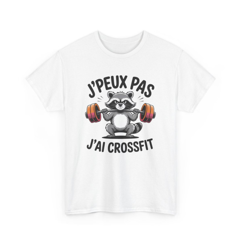 Tee-Shirt J’Peux Pas J’Ai Crossfit – T-shirt Blanc ou Gris Sport – Design Raton Laveur Musclé – Humour Fitness