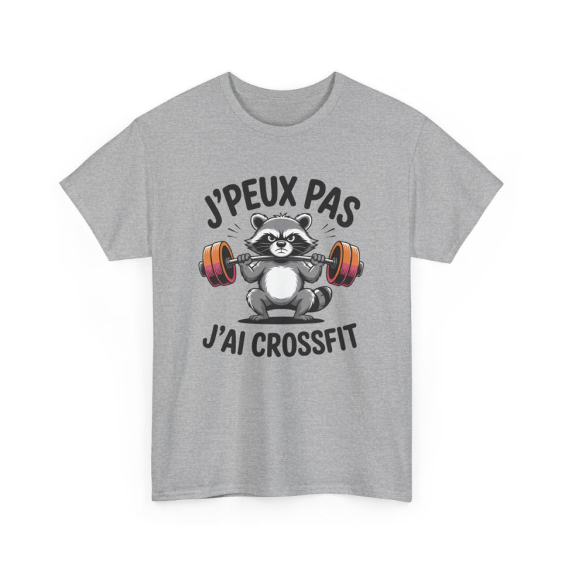 Tee-Shirt J’Peux Pas J’Ai Crossfit – T-shirt Blanc ou Gris Sport – Design Raton Laveur Musclé – Humour Fitness