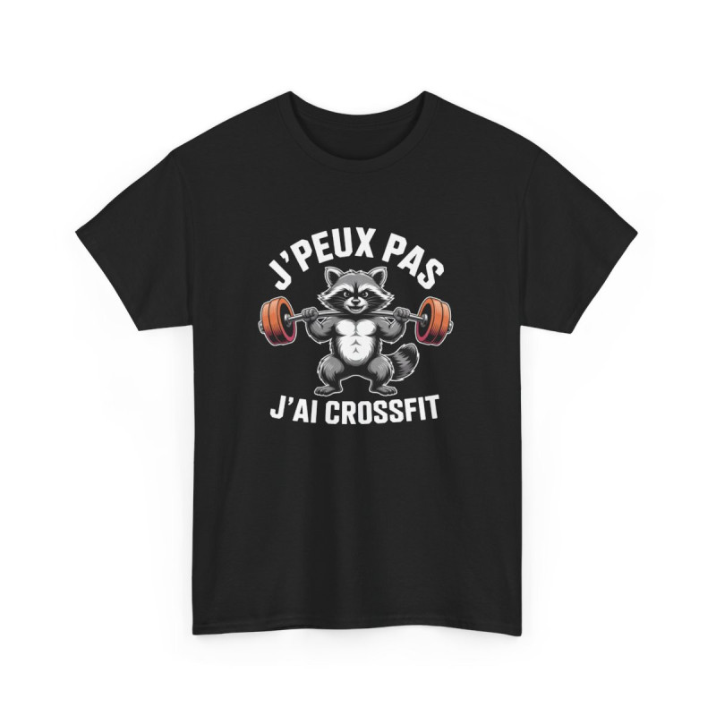 Tee-Shirt Noir J’Peux Pas J’Ai Crossfit – T-shirt Humour Fitness Raton Laveur Musclé – Coton Adulte Sport