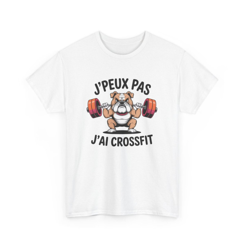 Tee-Shirt J’Peux Pas J’Ai Crossfit – T-shirt Blanc ou Gris Sport Bulldog Muscu – Humour Coton Adulte Fitness