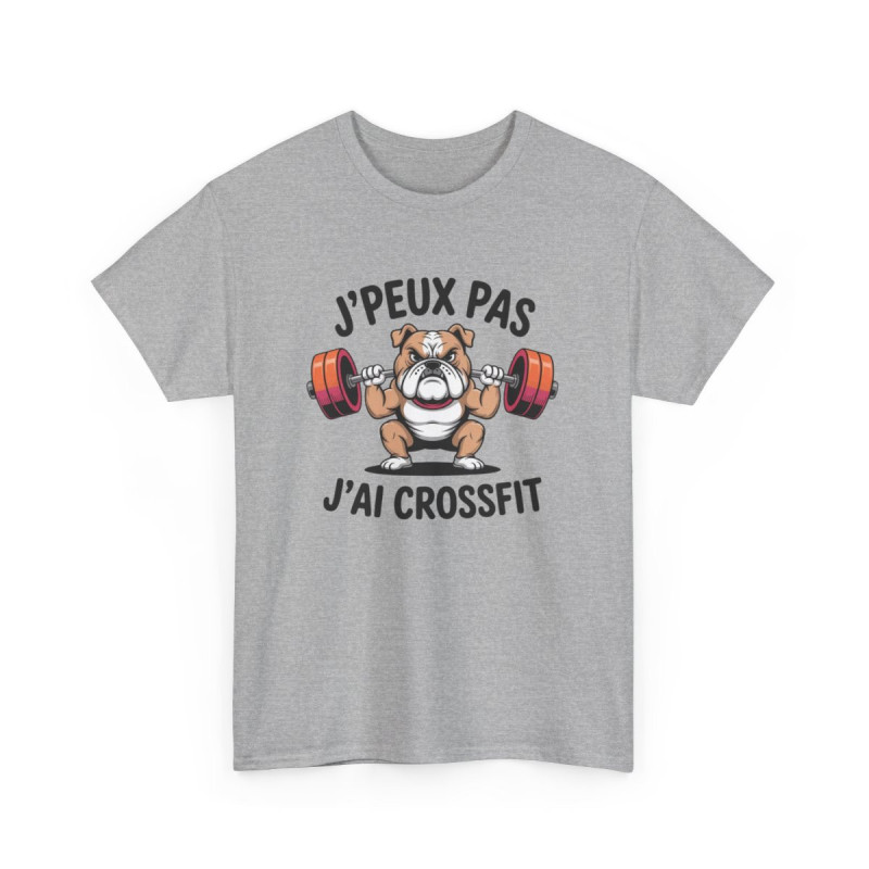 Tee-Shirt J’Peux Pas J’Ai Crossfit – T-shirt Blanc ou Gris Sport Bulldog Muscu – Humour Coton Adulte Fitness