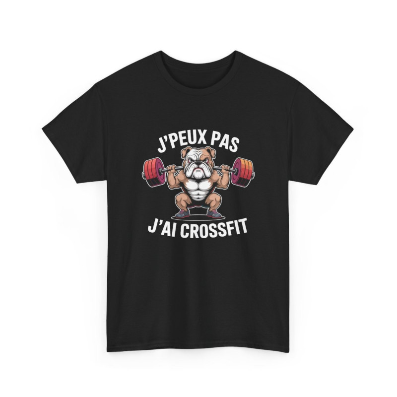Tee-Shirt Noir J’Peux Pas J’Ai Crossfit – T-shirt Bulldog Muscu – Humour Fitness Coton Adulte – Cadeau Sport