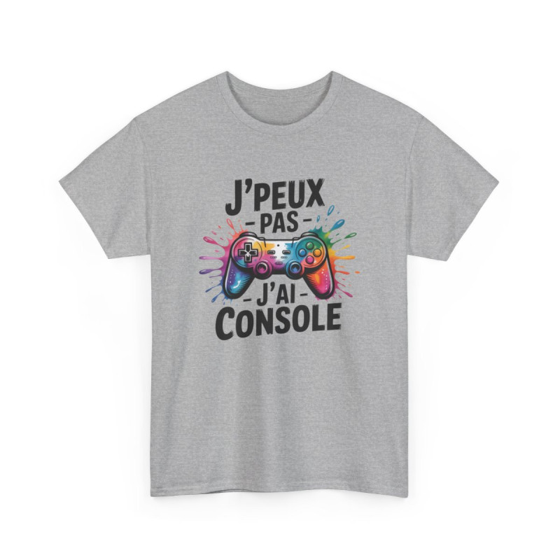 Tee-Shirt J’Peux Pas J’Ai Console – T-shirt Blanc ou Gris Coton Gamer – Manette Multicolore – Humour Geek Jeu Vidéo