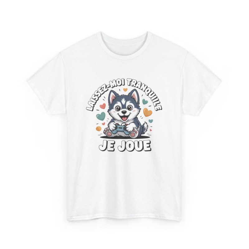 T-shirt Husky Gamer Unisexe Motif Manette & Texte  Laissez-moi Tranquille, Je Joue  Coton Blanc & Gris Sport S-3XL