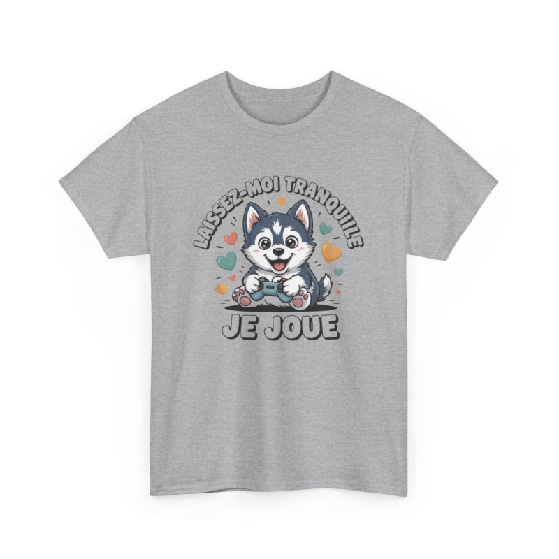 T-shirt Husky Gamer Unisexe Motif Manette & Texte  Laissez-moi Tranquille, Je Joue  Coton Blanc & Gris Sport S-3XL
