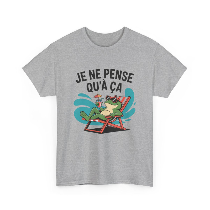 T-shirt Unisexe Humour Été Je Ne Pense Qu’à Ça  Grenouille Transat et Cocktail Tee-shirt Blanc & Gris Coton S-3XL