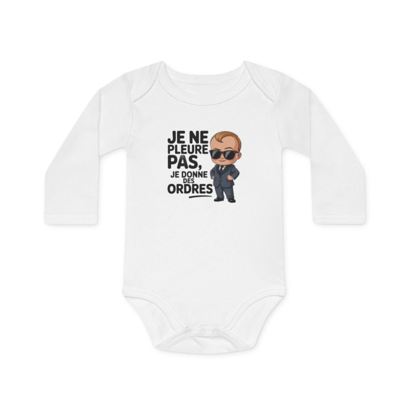 Body Bébé Drôle “Je Donne des Ordres” – Cadeau Original Naissance – Manche Longue Coton Blanc – Petit Patron Rigolo