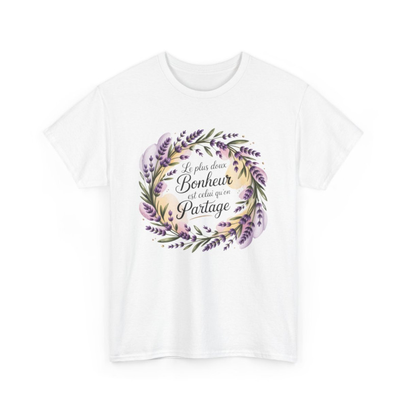 T-shirt Femme Citation Fleurie – “Le plus doux bonheur est celui qu’on partage” – Lavande – Blanc ou Gris – S à 3XL