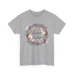 T-shirt Femme Citation Fleurie – “Le plus doux bonheur est celui qu’on partage” – Lavande – Blanc ou Gris – S à 3XL