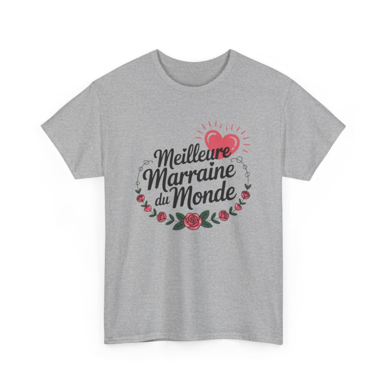 T-shirt Femme Meilleure Marraine du Monde – Cadeau Marraine Fleur Cœur – Tee Shirt Blanc ou Gris Coton Doux