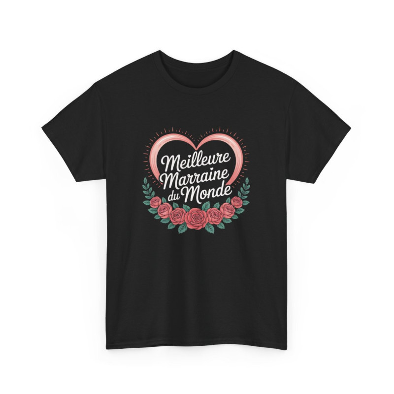 T-shirt Femme Meilleure Marraine du Monde – Tee Shirt Noir Cœur Rose & Fleurs – Idée Cadeau Marraine Coton