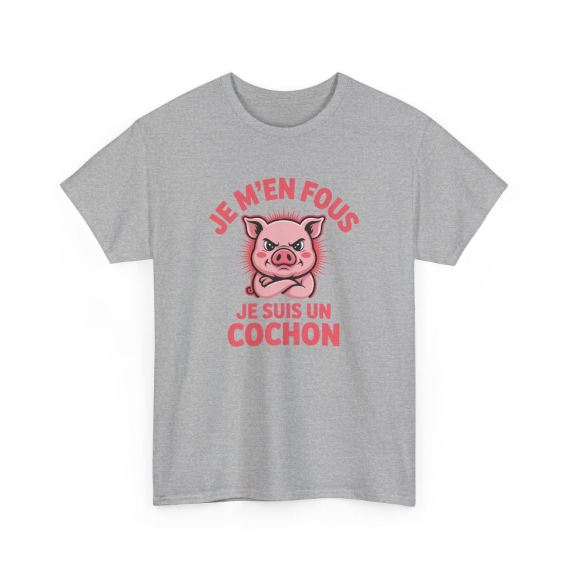 T-shirt Homme Je M’en Fous Je Suis un Cochon – Tee Shirt Noir, Gris ou Blanc – Humour Drôle Grognon Cochon Rose