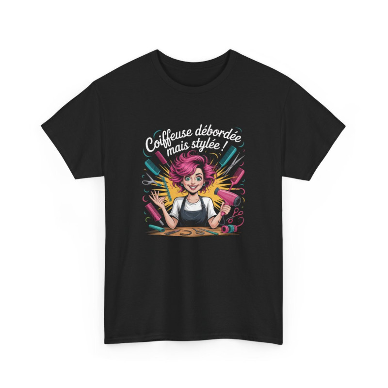 T-shirt Coiffeuse Débordée mais Stylée  Tee Shirt Femme Noir Métier Humour  Cadeau Coiffeuse avec Design Drôle & Coloré