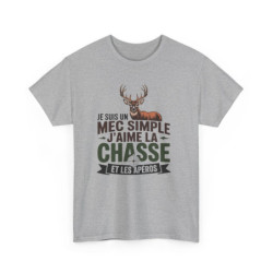 T-shirt Chasseur Homme Mec Simple J’aime la Chasse avec Cerf  Cadeau Humour Chasse Tee Shirt Blanc ou Gris