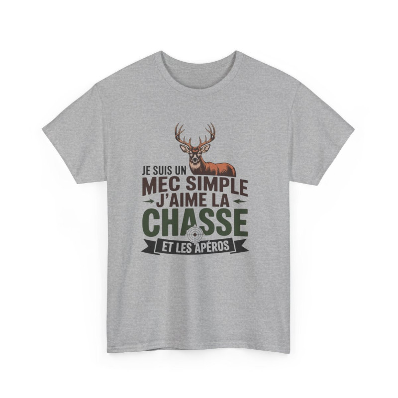 T-shirt Chasseur Homme Mec Simple J’aime la Chasse avec Cerf  Cadeau Humour Chasse Tee Shirt Blanc ou Gris