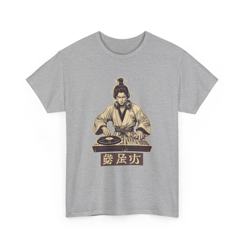 T-shirt Samouraï DJ Unisexe – Tee-shirt Japon Musique Streetwear – Blanc ou Gris – Cadeau Culture Hip-Hop Nippon