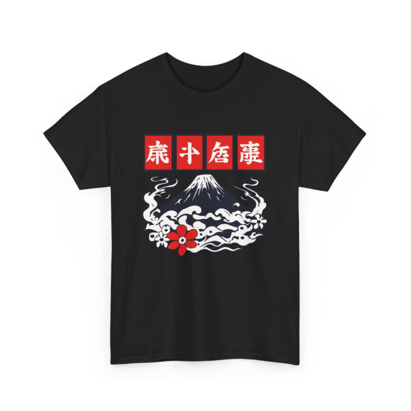 T-shirt Japon Mont Fuji Unisexe – Tee-shirt Fleurs, Nuages & Kanji – Noir Blanc Gris – Design Culture Nipponne
