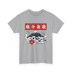 T-shirt Japon Mont Fuji Unisexe – Tee-shirt Fleurs, Nuages & Kanji – Noir Blanc Gris – Design Culture Nipponne