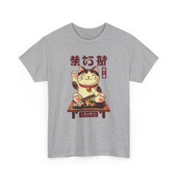 T-shirt Unisexe Chat Japonais Sushi Maneki Neko – Tee-shirt Kawaii Asie Porte-Bonheur – Blanc, Gris, Noir – S à 3XL