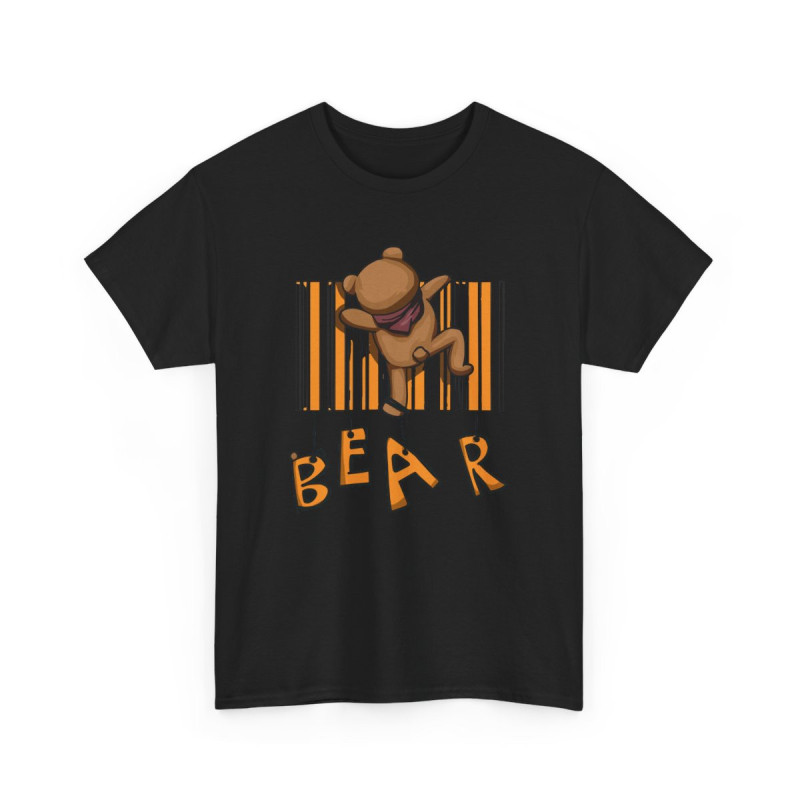 T-shirt Ours Cartoon Suspendu Code-Barres & Lettres BEAR Streetwear Graphique Unisexe Blanc Gris Noir