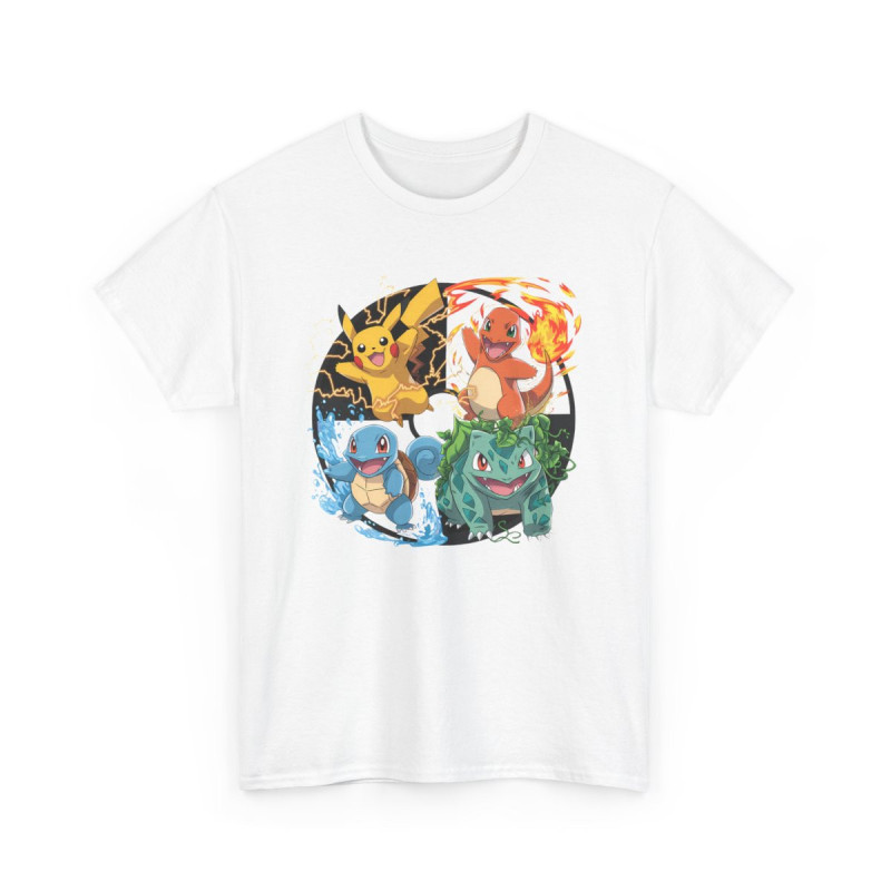 T-shirt Manga Style Pokémon avec 4 Créatures Élementaires – Tee-shirt Graphique Geek Otaku Unisexe Noir, Blanc, Gris