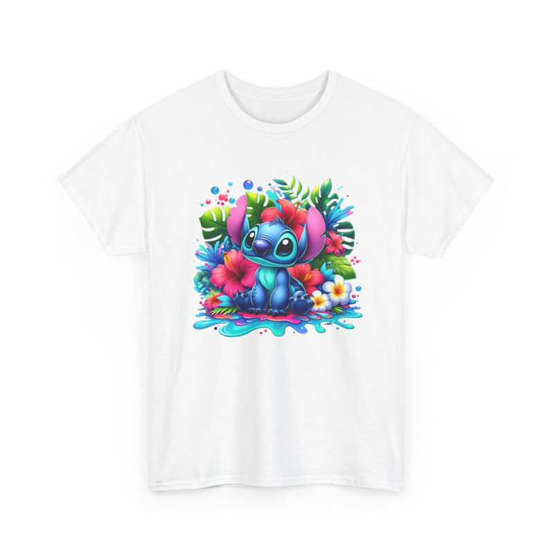 T-shirt Style Stitch Tropical Coloré  Design Fleurs d’Hibiscus & Jungle  Look Fun et Kawaii