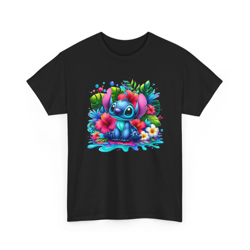 T-shirt Style Stitch Tropical Coloré  Design Fleurs d’Hibiscus & Jungle  Look Fun et Kawaii