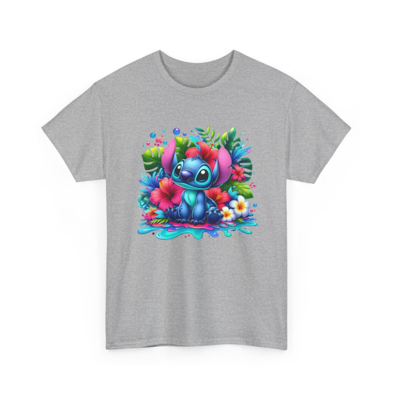 T-shirt Style Stitch Tropical Coloré  Design Fleurs d’Hibiscus & Jungle  Look Fun et Kawaii