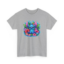 T-shirt Stitch Tropical Bleu – Design Jungle, Fleurs d’Hibiscus & Éclaboussures