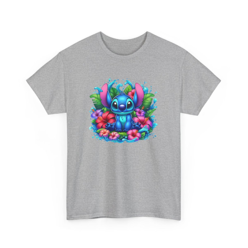 T-shirt Stitch Tropical Bleu – Design Jungle, Fleurs d’Hibiscus & Éclaboussures