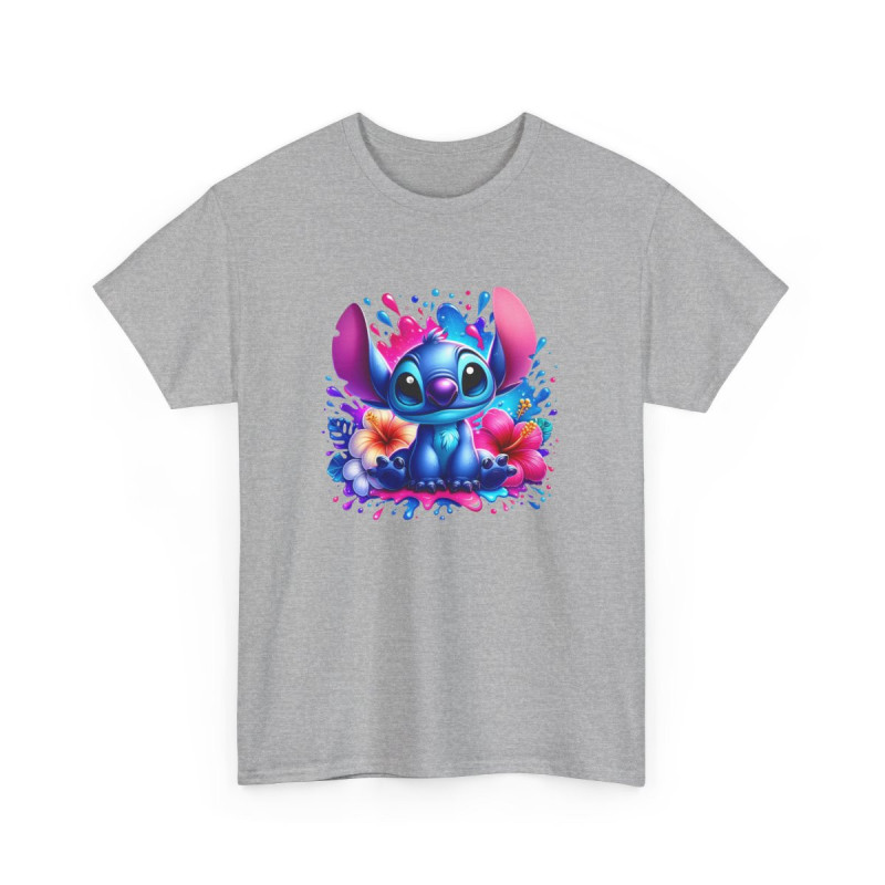 T-shirt Stitch Assis Style Cartoon – Fleurs Hibiscus Colorées & Éclaboussures