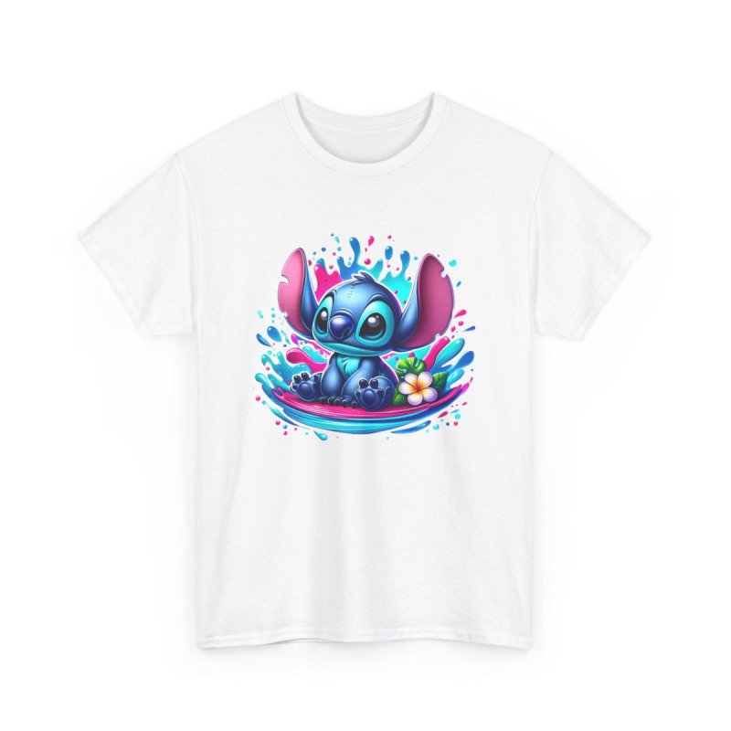 T-shirt Stitch Kawaii Assis – Illustration Splash d’Eau & Fleur Tropicale
