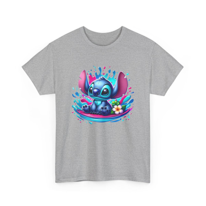 T-shirt Stitch Kawaii Assis – Illustration Splash d’Eau & Fleur Tropicale
