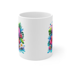 Tasse Tropicale  Stich Créature Bleue – Mug Hawaïen Kawaii avec Fleurs – Cadeau Coloré Céramique 325ml