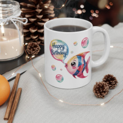 Tasse Joyeux Anniversaire Enfant – Mug Poisson Aquarelle “Happy Birthday” – Cadeau Mignon 325ml