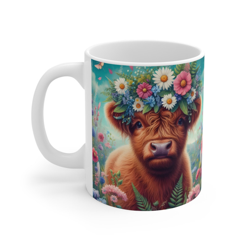 Tasse Vache Highland Couronne Fleurie – Mug Bohème Panoramique – Cadeau Ferme Nature Céramique 325ml