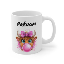 Tasse Personnalisable Vache Bubble Gum – Mug Prénom Kawaii Nœud Rose – Cadeau Animal Mignon 325ml