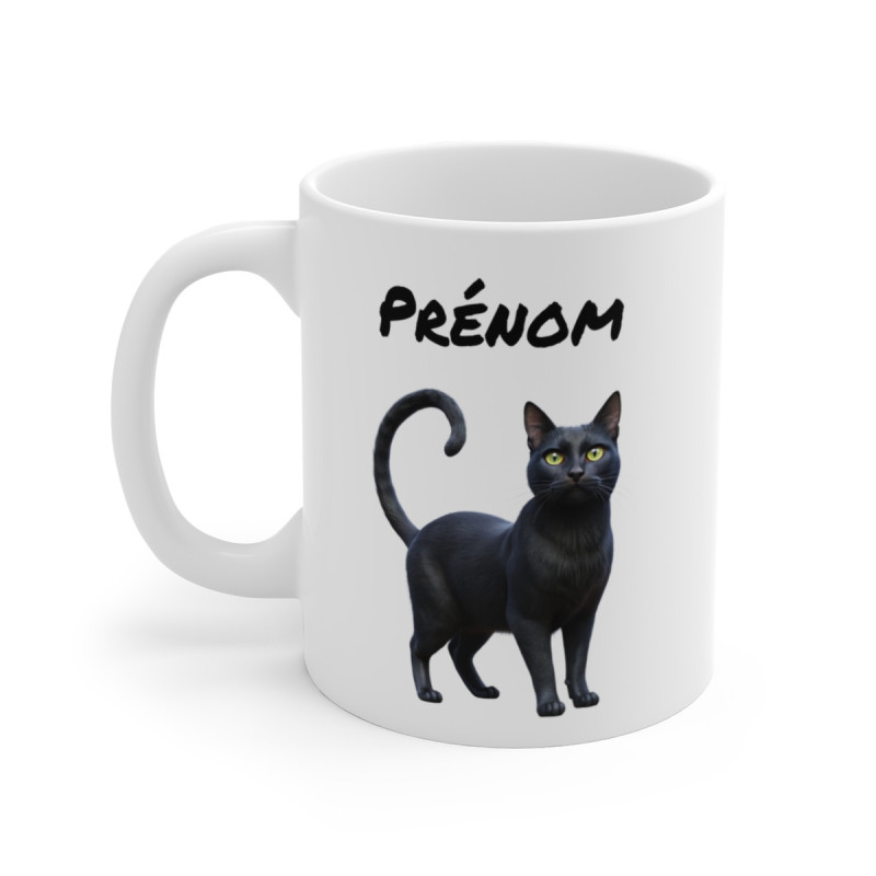 Mug Personnalisé Chat Noir – Tasse Céramique avec Prénom – Illustration Réaliste de Chat Noir aux Yeux Verts