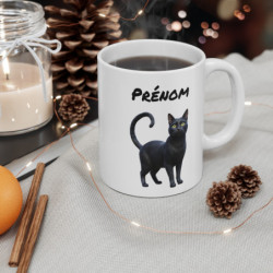 Mug Personnalisé Chat Noir – Tasse Céramique avec Prénom – Illustration Réaliste de Chat Noir aux Yeux Verts