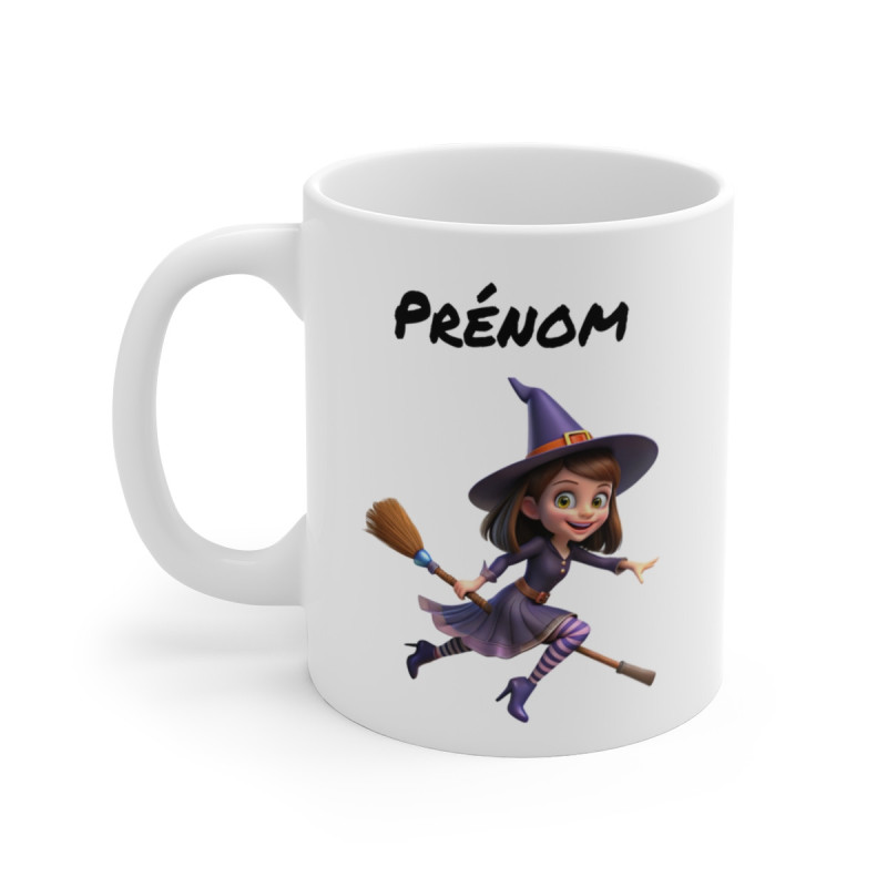Mug Personnalisé Sorcière – Tasse Halloween avec Prénom – Illustration d’une Petite Sorcière sur Balai – Cadeau Magique