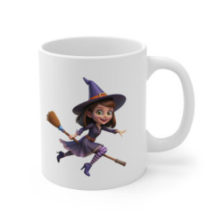 Mug Sorcière Halloween – Tasse Céramique 325ml avec Illustration Petite Sorcière sur Balai – Cadeau Magique