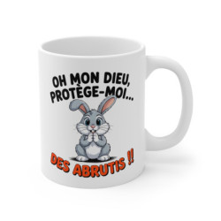 Mug Humour Lapin 325ml – Tasse Céramique Drôle “Protège-Moi des Abrutis” – Cadeau Original Sarcastique