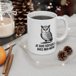 Mug Humour Hibou 325ml – Tasse Céramique Drôle “Je Suis Sociable Avec Moi-Même” – Cadeau Original Sarcastique