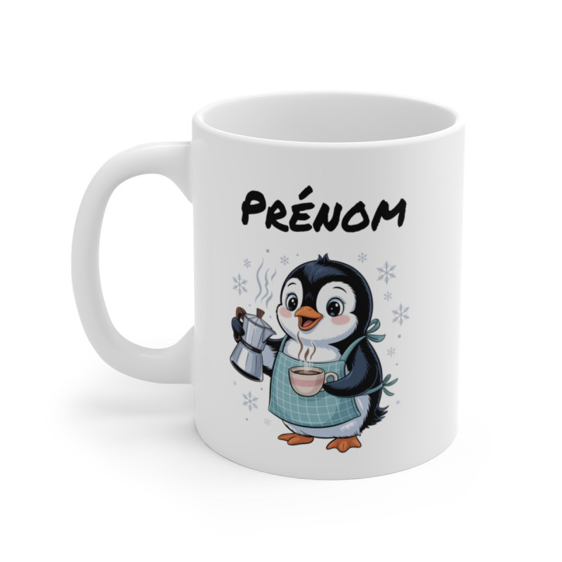 Tasse Personnalisable Pingouin 325ml – Mug Hiver Café Flocons – Cadeau Original avec Prénom en Céramique