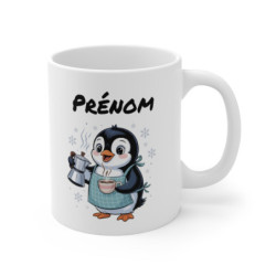 Tasse Personnalisable Pingouin 325ml – Mug Hiver Café Flocons – Cadeau Original avec Prénom en Céramique