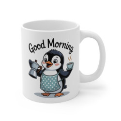 Mug Pingouin Good Morning 325ml – Tasse Céramique Café Tablier à Pois – Cadeau Original Petit Déjeuner