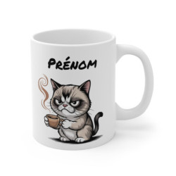 Tasse Personnalisable Chat Grognon 325ml – Mug Café du Matin avec Prénom – Cadeau Original Céramique