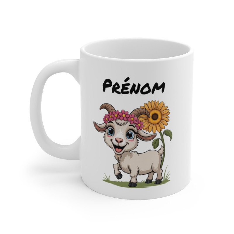 Tasse Personnalisable Chèvre 325ml – Mug Cartoon Mignon Tournesol & Fleurs avec Prénom – Cadeau