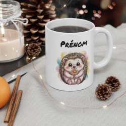 Tasse Personnalisable Hérisson 325ml – Mug Mignon Fleur Jaune Fond Pastel avec Prénom – Cadeau Original
