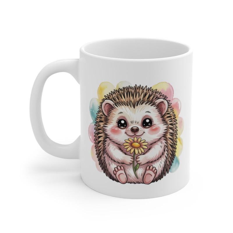 Mug Hérisson Mignon 325ml – Tasse Céramique Fleur Jaune Fond Pastel – Cadeau Original Douceur